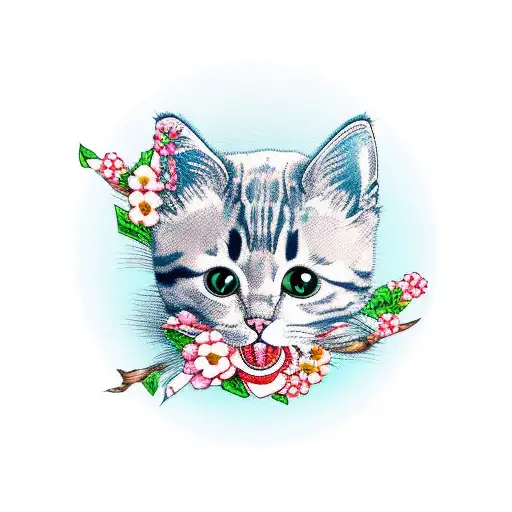 Cute Cat With Skulls And Japanese Flowers