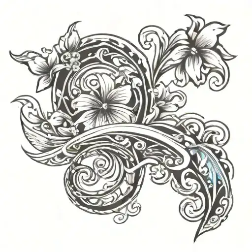 New-school Interpretation Of Beach Waves Intertwined With Tribal Flower Patterns