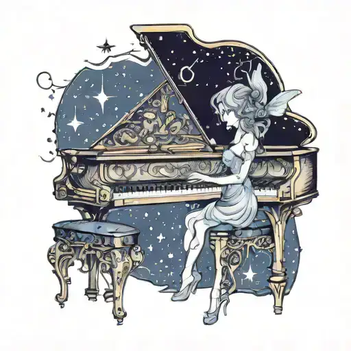 A Mystical Fairy Playing A Piano Under A Starry Sky