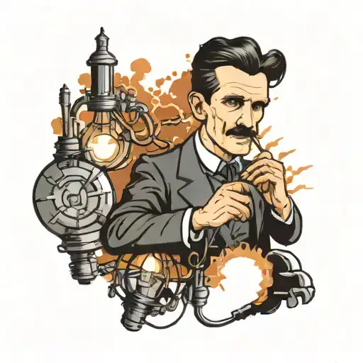 Incorporate A Portrait Of Nikola Tesla Surrounded By Electrical Bolts And Light Bulbs