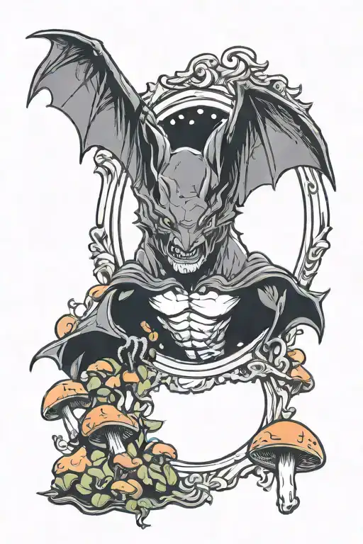 Bat In A Mirror With Mushrooms Growing Around Him