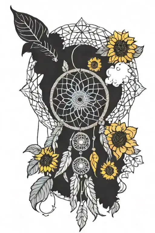 A Crocheted Dream Catcher With A Cloud And Sunflower Design