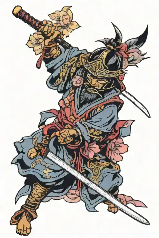 Samurai With Katana Sakura Flowers And Samurai Mask