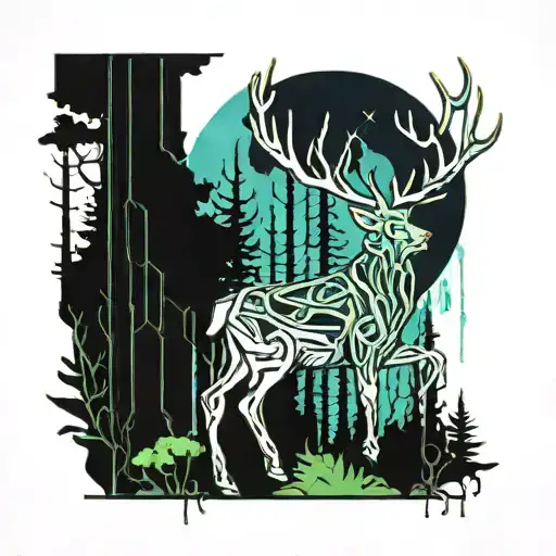 A Futuristic Cyberpunk Forest Scene With A Majestic Stag As The Central Focus