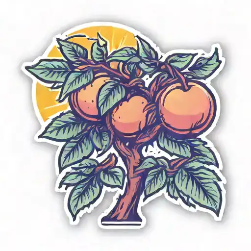 Scratch N' Sniff Sticker That Has A Peach Tree With A Large Sun Behind It