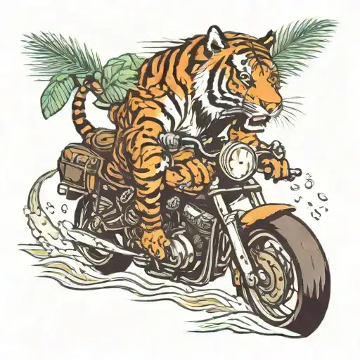 A Tiger Riding A Motorcycle Through A Tropical Beach Scene