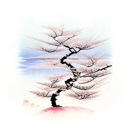A Serene Japanese Landscape With A Cherry Blossom Tree And A Samurai Wielding A Katana