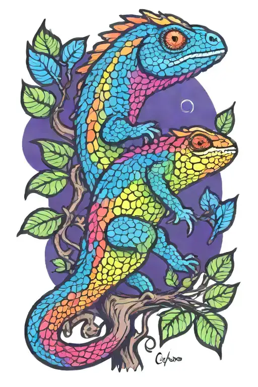 Psychedelic Chameleon With Bright Rainbow Scales Climbing A Tree