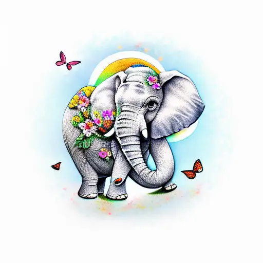 Elephant With Butterflies And Flowers