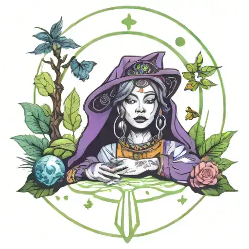 A Mystical Fortune Teller Surrounded By Nature And Reiki Symbols
