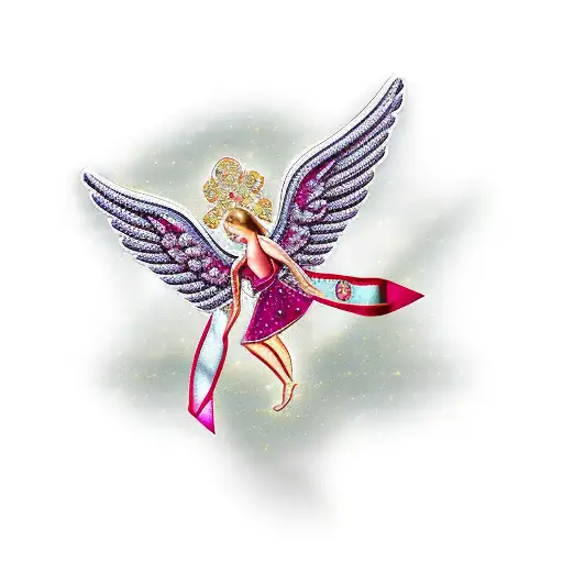 A Ruby Gemstone With Angel Wings And A Ribbon
