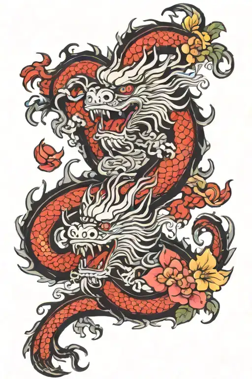 Chinese Dragon With Foo Dogs Guarding 5 Roses Mayflowers Hibiscus