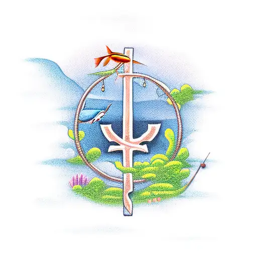 A Serene Fishing Scene With A Cross In The Background