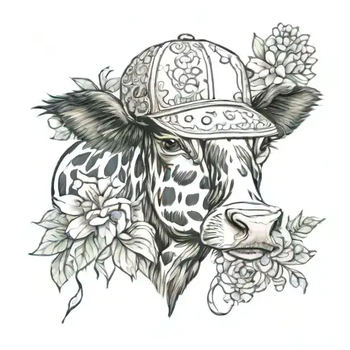 A Cow Wearing A Baseball Cap With A Background Of Watercolor Flowers And Lace