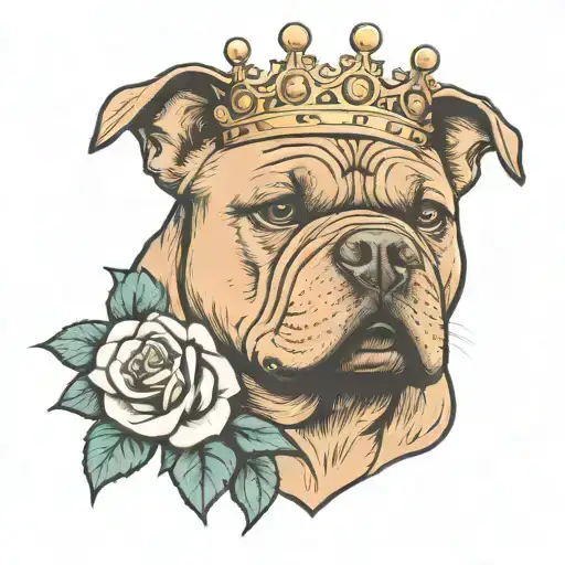 A New-school Style Tattoo Of An American Bully Dog Wearing A Crown And Surrounded By Roses