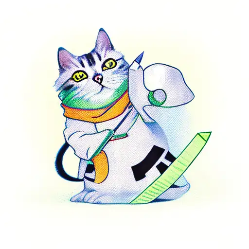 Small Cute Ninja Cat That With Knife In Her Hand And Weed In The Other Hand