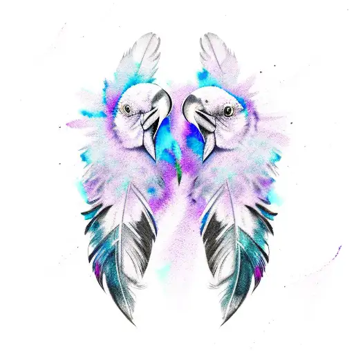 Two Raven Feathers With Watercolors Purple Blue And Pink
