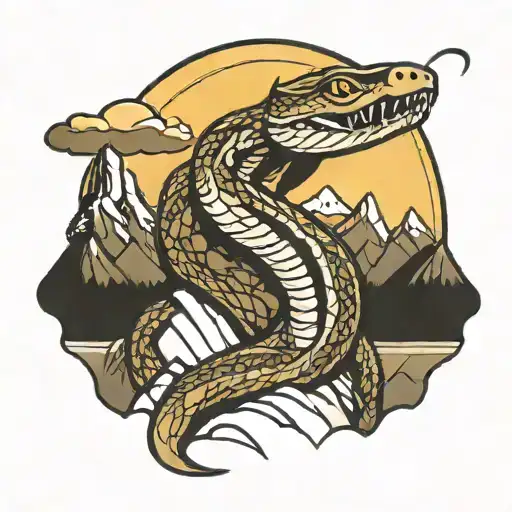 A Snake Coiled Around A Mountain Peak With A Sun Rising Behind It