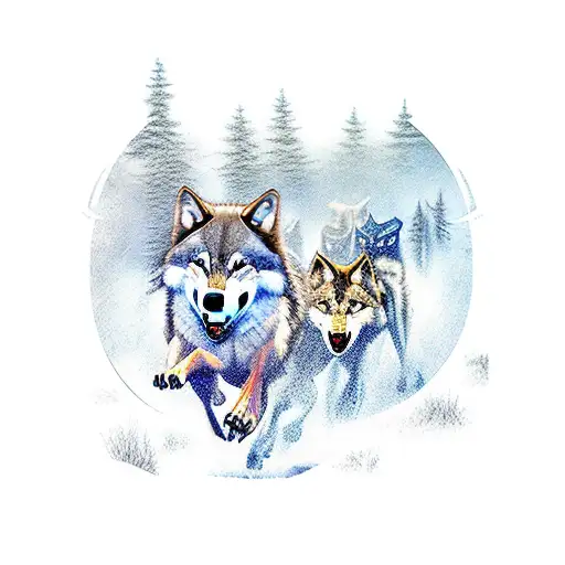 Pack Of Wolves Running Through A Mystical Forest