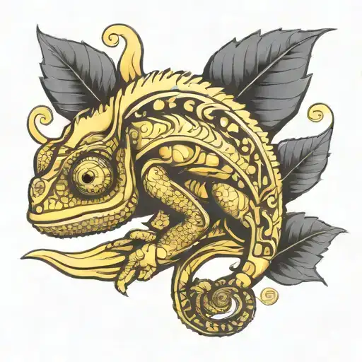 Gold And Black Chameleon Climbing