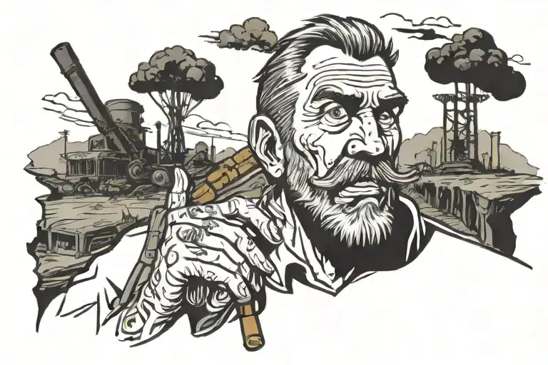 A Portrait Of Logan With A Cigar In His Mouth In An Apocalyptic World Of Fallout