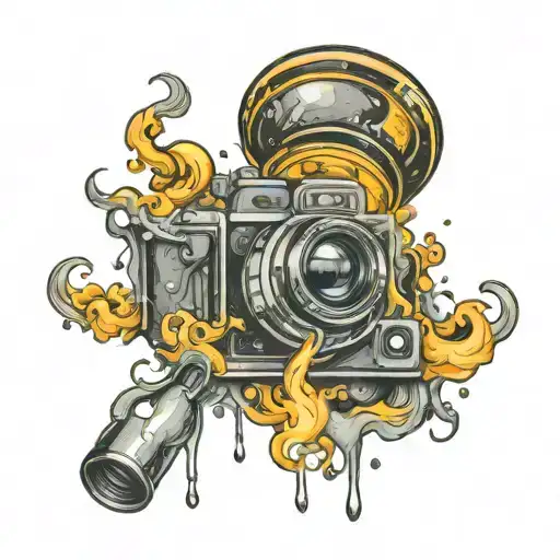 A Camera Lens Surrounded By Swirling Smoke And Melting Elements