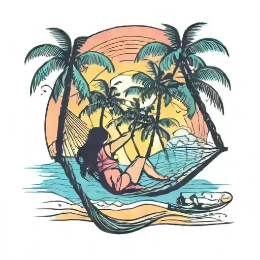 A Colorful Beach Sunset With Silhouettes Of Palm Trees And A Woman Relaxing In A Hammock