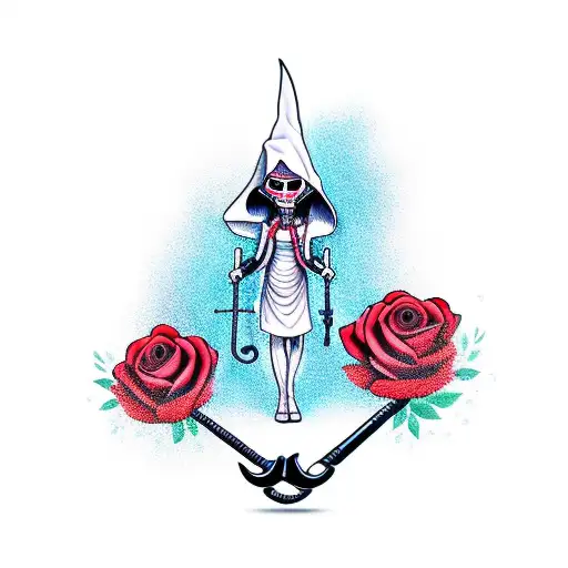 Female Grim Reaper With Giant Scythe And Red Roses