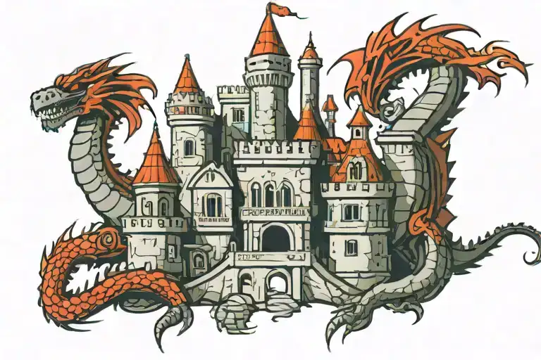 Massive Metal Castle With A Red Dragon Wrapped Around It