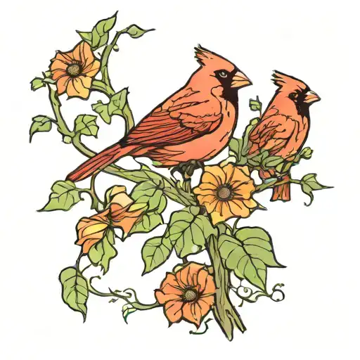 Cardinal With Poppies And Morning Glory Vine
