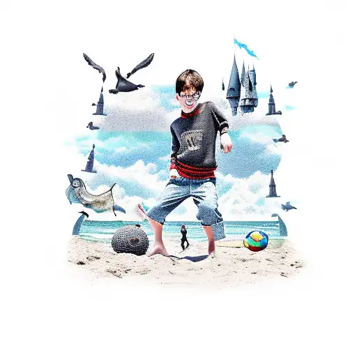 A New-school Design Of A Beach Scene With Harry Potter Characters Enjoying Various Activities