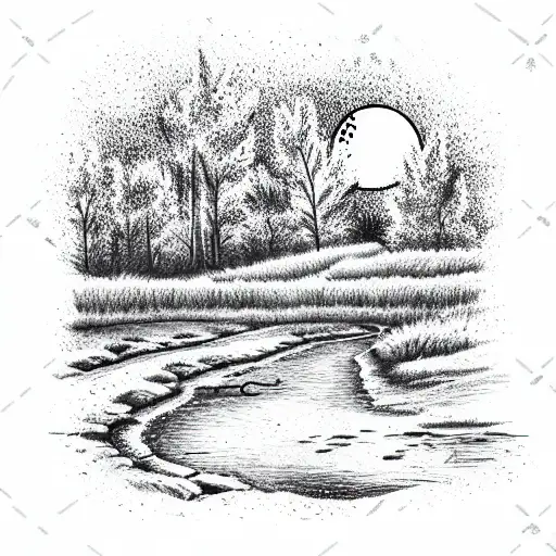 Harvest Moon Over Wooded Stream