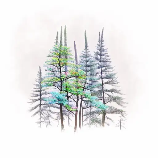 A Whimsical Forest Scene With Vibrant Peruvian Lilies Blooming Among Towering Trees