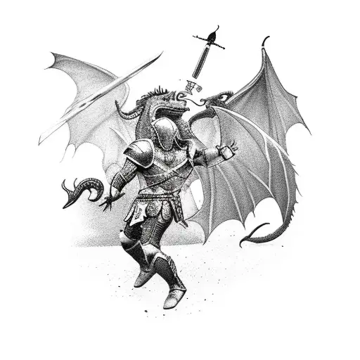 A New-school Style Tattoo Of A Gladiator Fighting A Dragon In A Video Game Arena