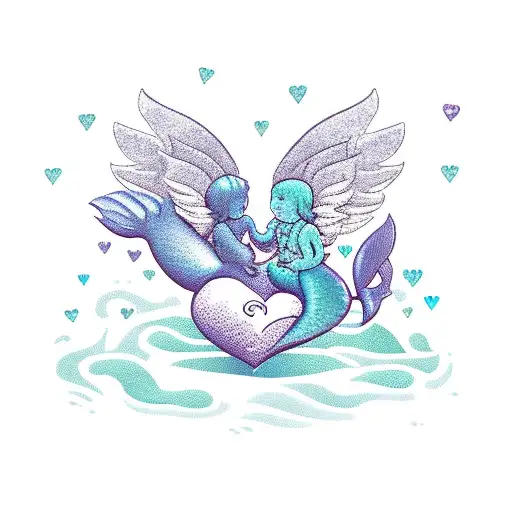 Baby Mermaid Sitting At The Base Of A Heart With Baby Angel Sitting On Top Of It