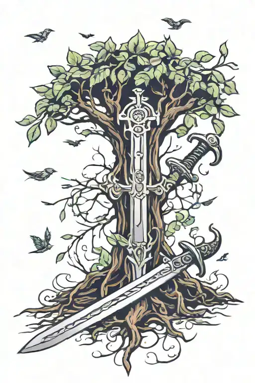 Old Sword Protecting The Tree Of Life Which Has Some Fallen Leafs