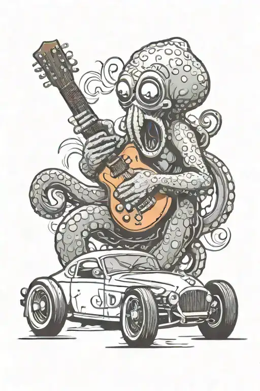 Octopus Playing Guitar Driving A Hot Rod Car