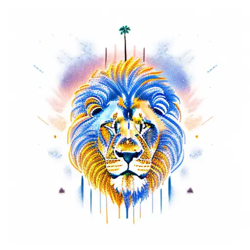 Orange And Yellow Sunset With Lion And Tree