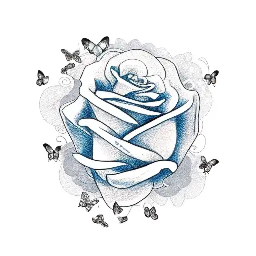Long Arm Tattoo With Multiple Blue Roses And Butterflies In Black An White With A Semicolon