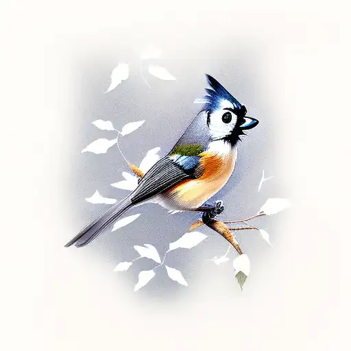 Tufted Titmouse Perched On A Tree Limb With Leaves