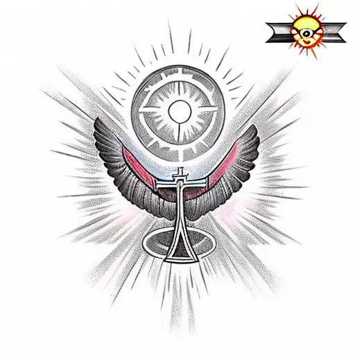 Cross With Bird Wings And A Sun Above The Cross