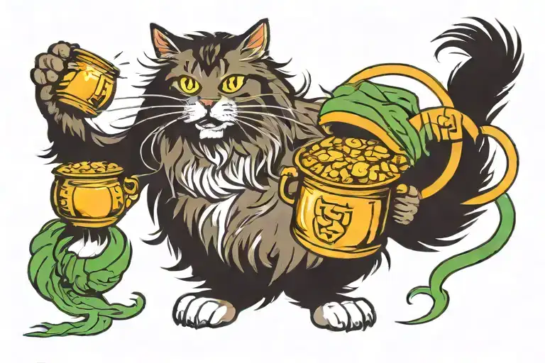 Angry Tabby Norwegian Forest Cat Chasing A Pot Of Gold