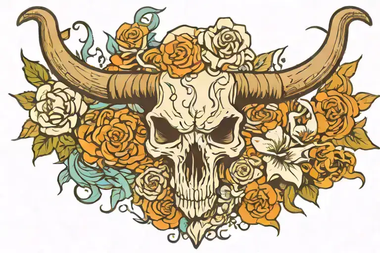 Longhorn And Skull And Flowers