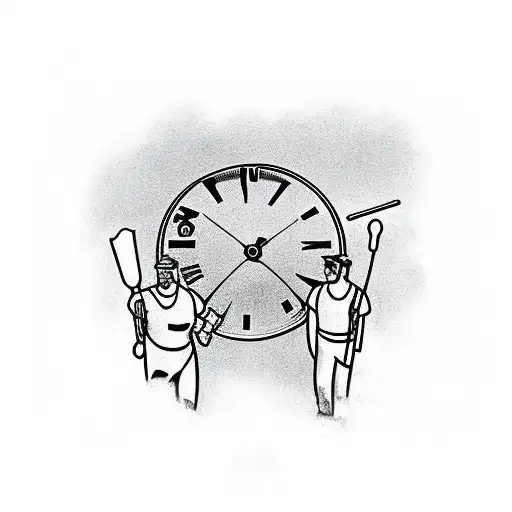 Clock And Two Men Walking To Heaven Holding Hands One Holding Drum Sticks And One Wearing Tool Bags