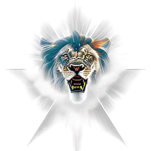 Jesus Walking Out Of Clouds With Sun Rays Behind Him While He Is Walking A Lion With A Logging Chain