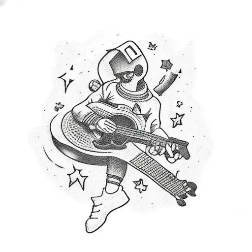 A Tattoo Of A Retro Video Game Character Playing A Guitar In Space