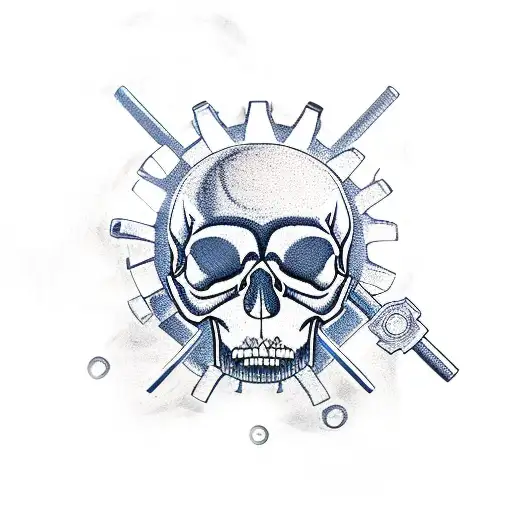 A Mechanic's Wrench And Hammer Forming A Skull With Gears