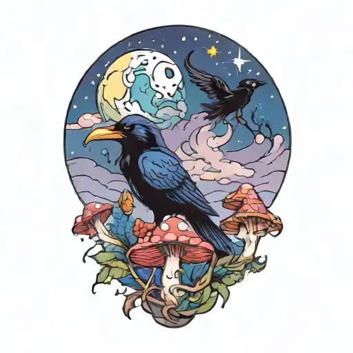 Colorful Mushroom With Ravens And Moon