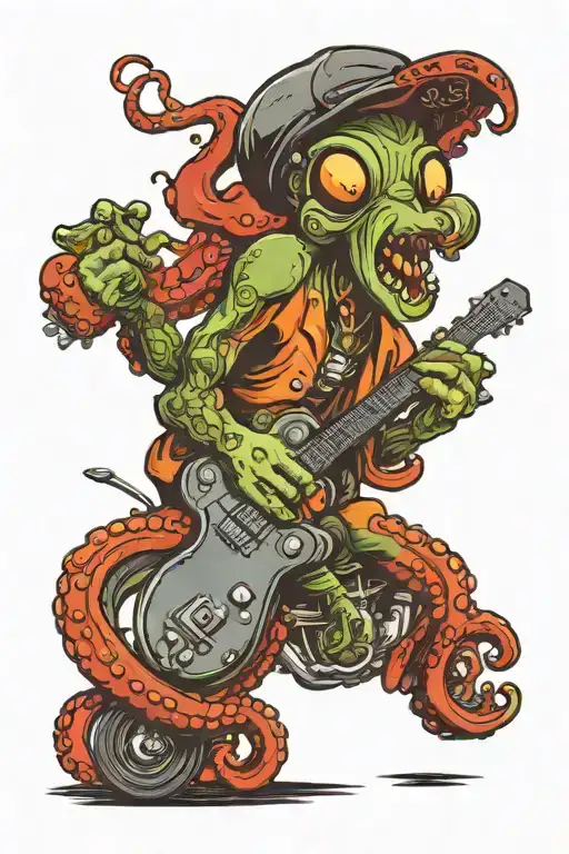 Octopus Playing Guitar Driving A Hot Rod Car