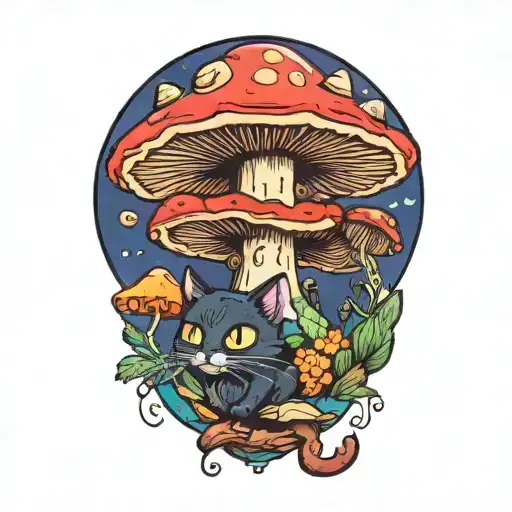 Colorful Mushroom With Black Cat